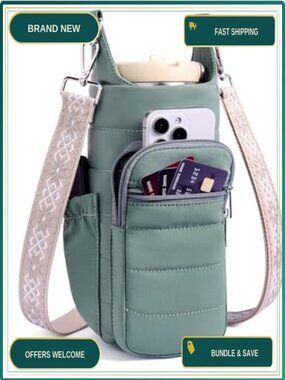 Insulated Water Bottle Carrier Crossbody Bag Fits 20-40 oz Adjustable Strap